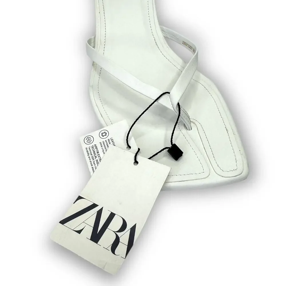 Zara Strappy Toe Post Heeled Leather Sandals Size EU 41 US 10 White Square Toe - Picture 12 of 14